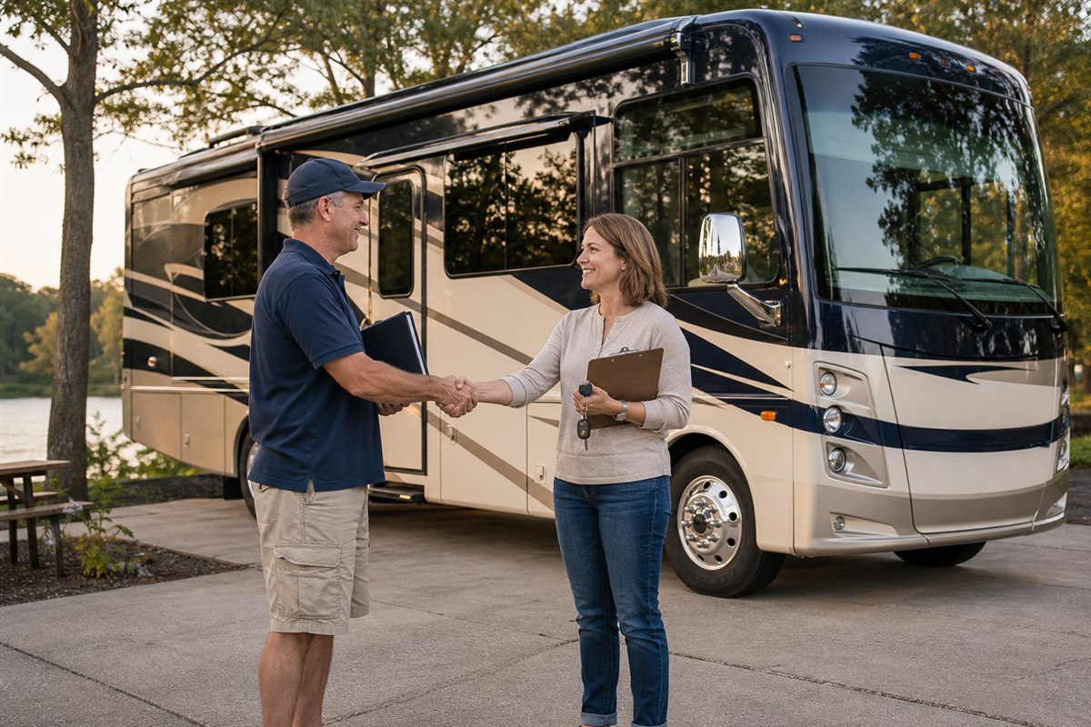 Buyer and seller shaking hands beside a Class A motorhome while holding its keys and record binder
