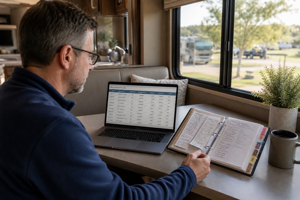 RV owner comparing a maintenance spreadsheet on a laptop with an organized paper record binder