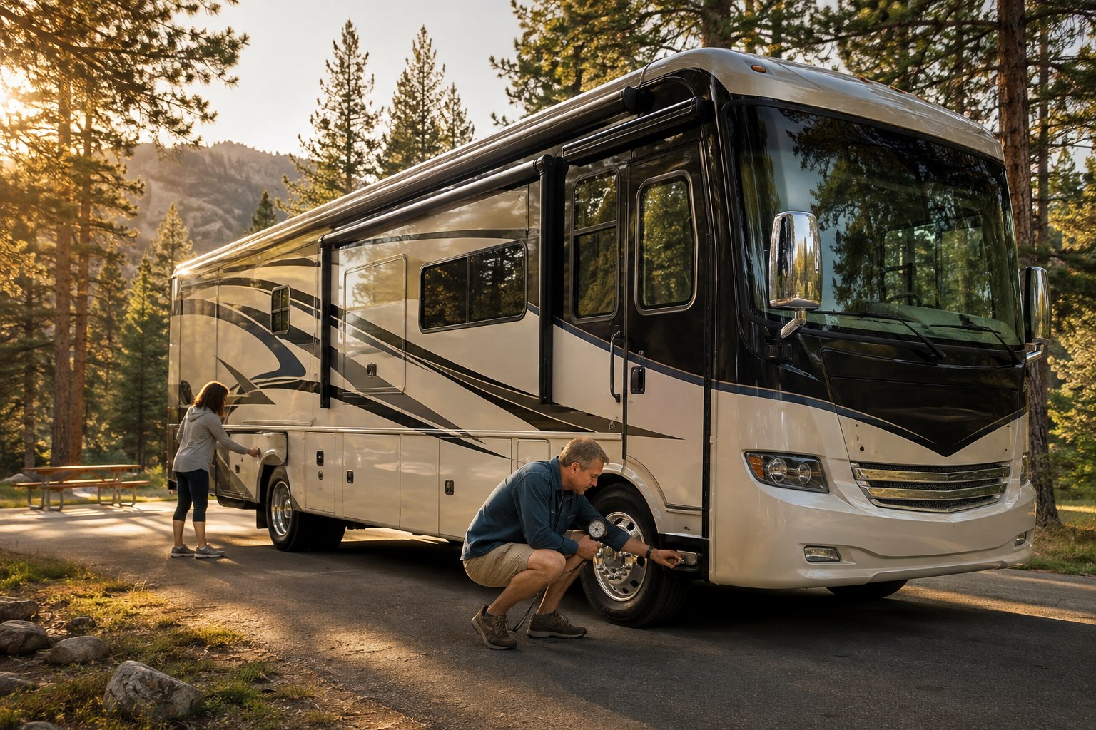 RV owners completing a pre-trip inspection beside a Class A motorhome