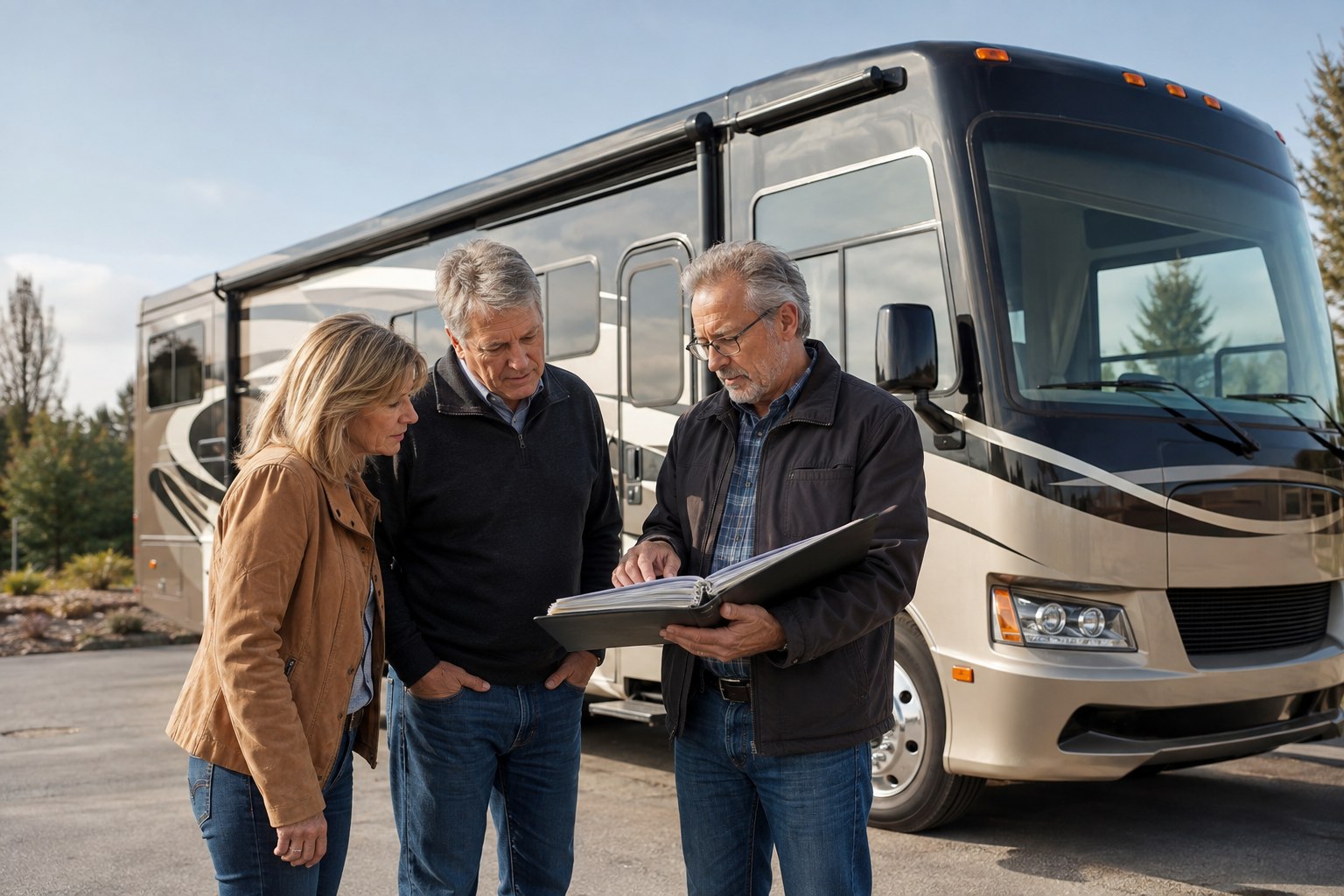 Prospective RV buyers reviewing an organized maintenance binder with the owner beside a Class A motorhome